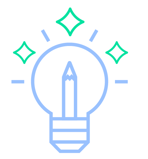 Icon of a light bulb with a pencil inside, surrounded by sparkles and lines, symbolizing ideas or creativity.
