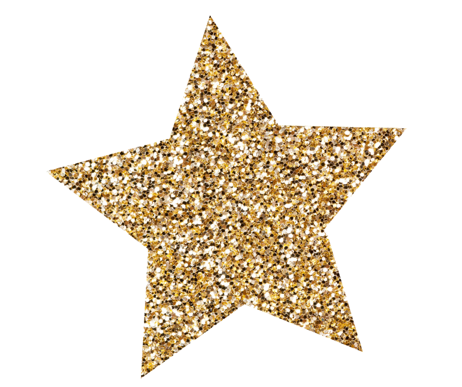 A large star shape covered in gold glitter with a black background.