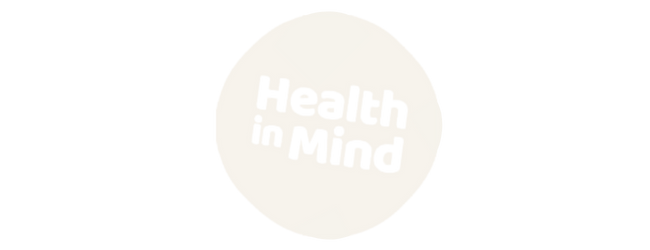 Logo with the text 'Health in Mind' inside a black circle, with black and white colors.