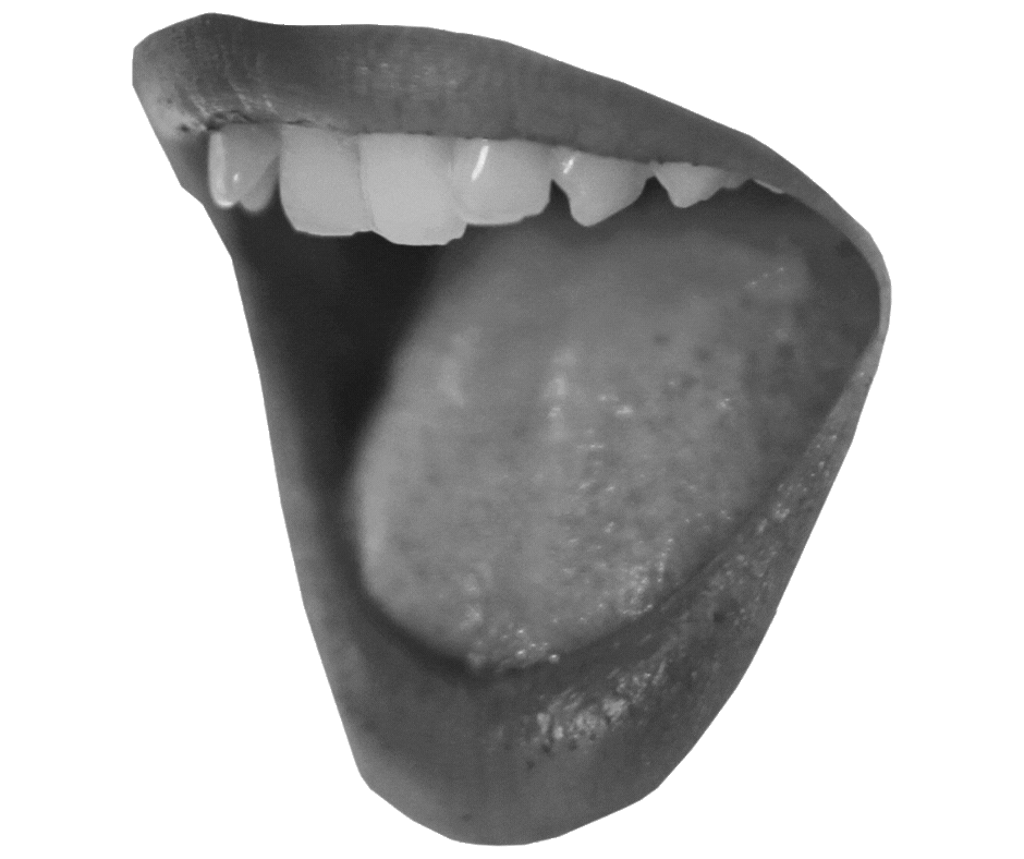 Close-up of a person's open mouth showing teeth and tongue, with a green background