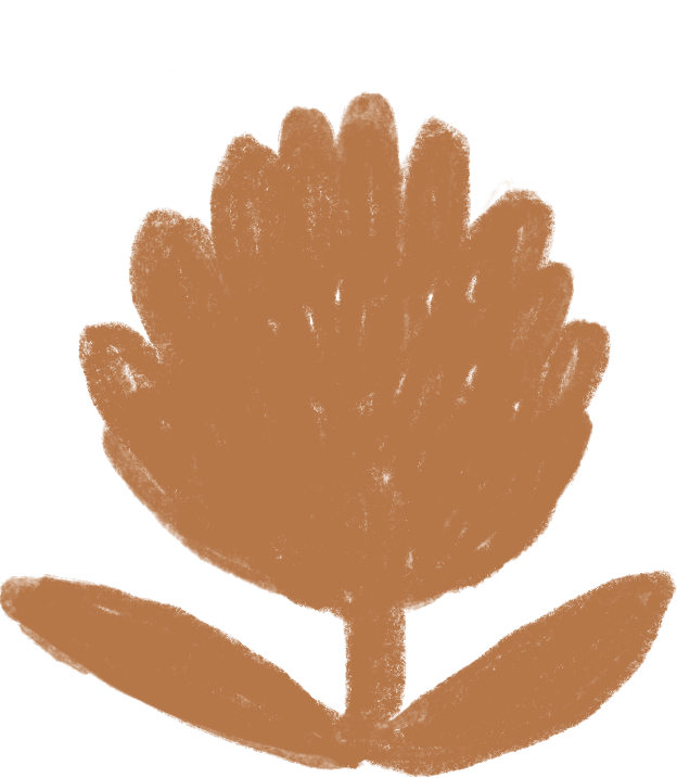 Simplified silhouette of a flower with a stem and two leaves in brown against a black background.