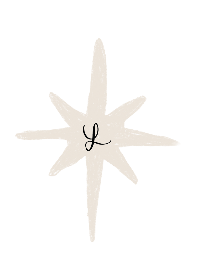 A white star with a black letter 'L' in the center on a black background.