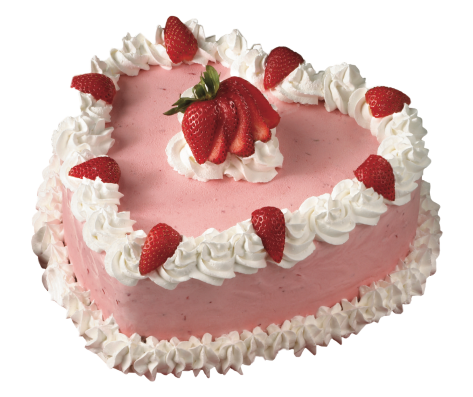 Heart-shaped pink cake decorated with white whipped cream and fresh strawberries on top and around the edges.