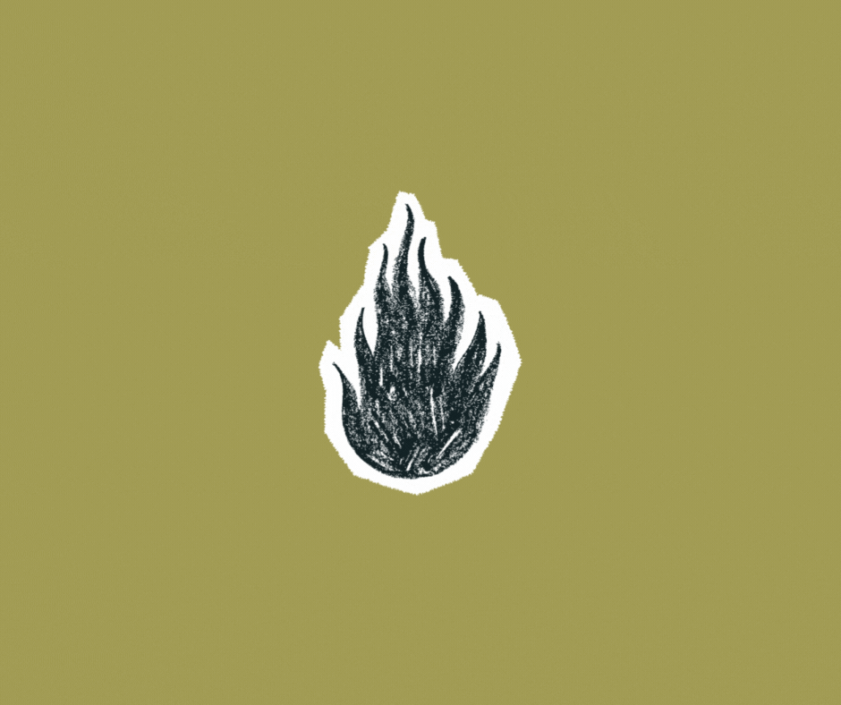 Black and white drawing of a flame on a green background.