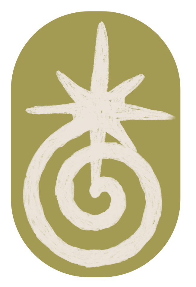 White abstract star and spiral design on an olive green background.