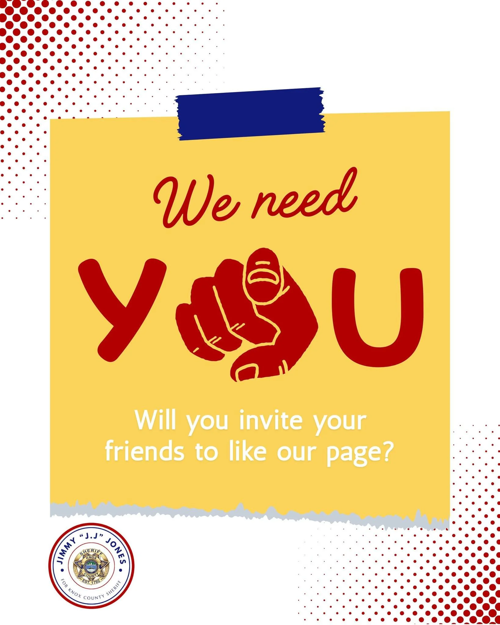 We&rsquo;re building momentum&mdash;and we need your help!

Do you believe Knox County deserves leadership rooted in strength and experience?
Then help us spread the word about Jimmy &ldquo;J.J.&rdquo; Jones for Sheriff:

✅ Like this page
✅ Share thi