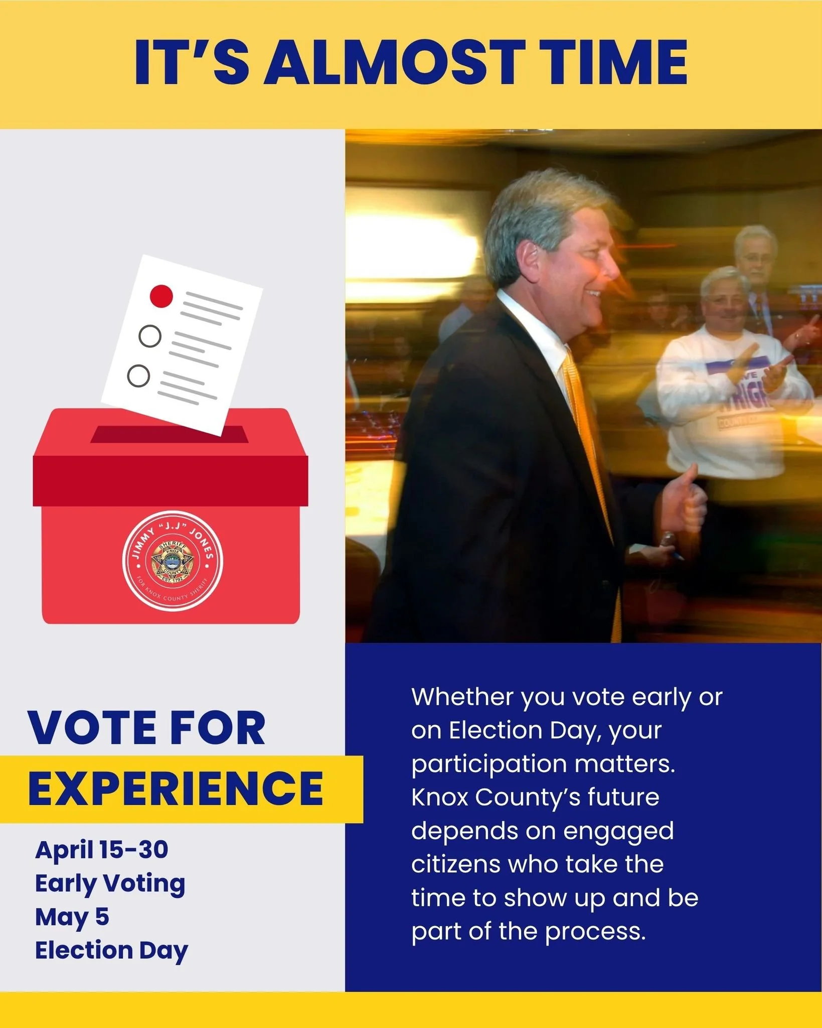 Knox County &mdash; It&rsquo;s Almost Time

Early voting begins April 15 and runs through April 30, with Election Day on May 5.

Now is the time to get informed, ask questions, and be ready to make your voice heard.

Whether you vote early or on Elec