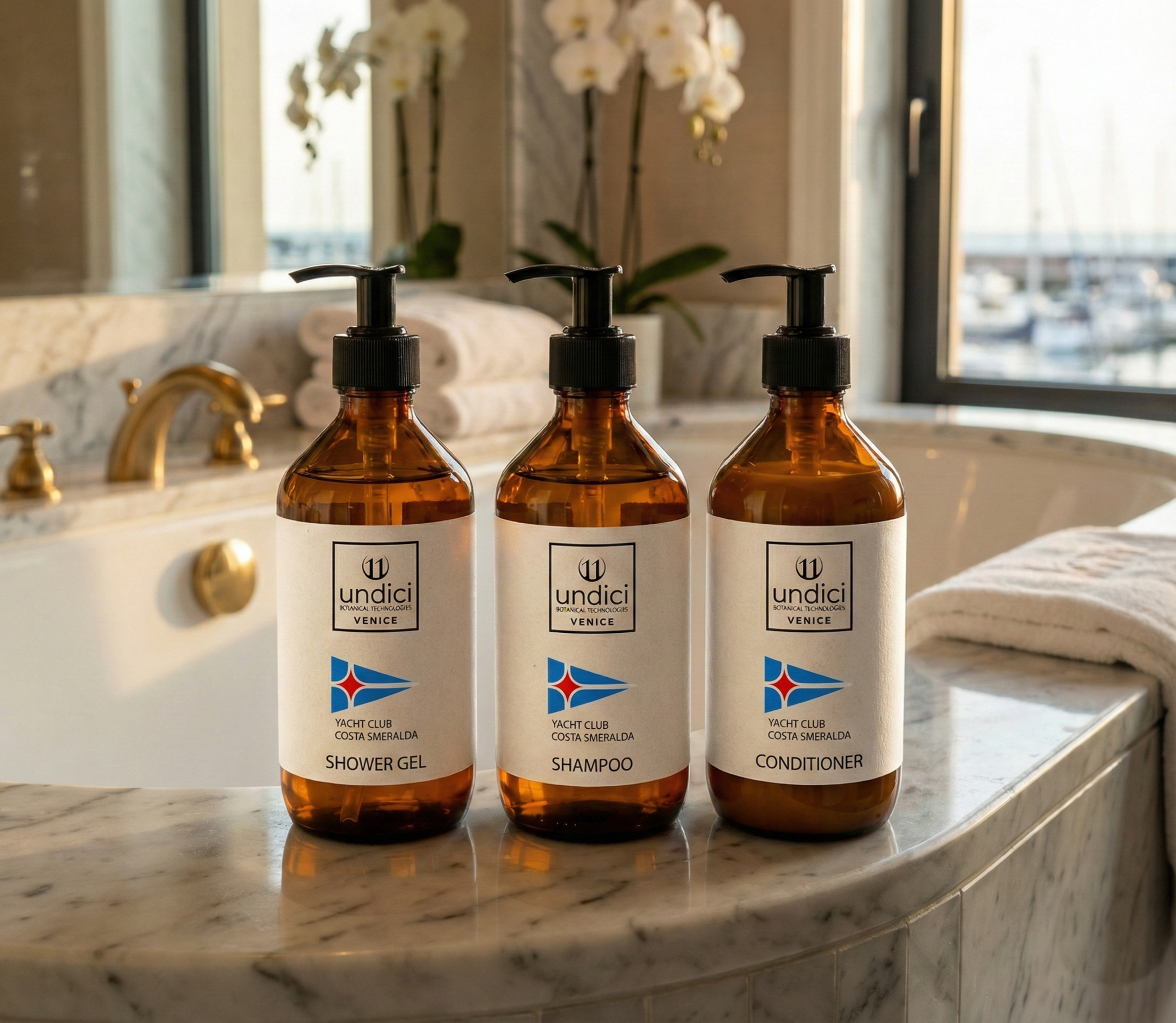 Tre bottiglie di bottiglia di vetro marrone con etichette che indicano shower gel, shampoo e conditioner, posizionate su un bagno in marmo con una vasca da bagno e una finestra sul mare sullo sfondo.