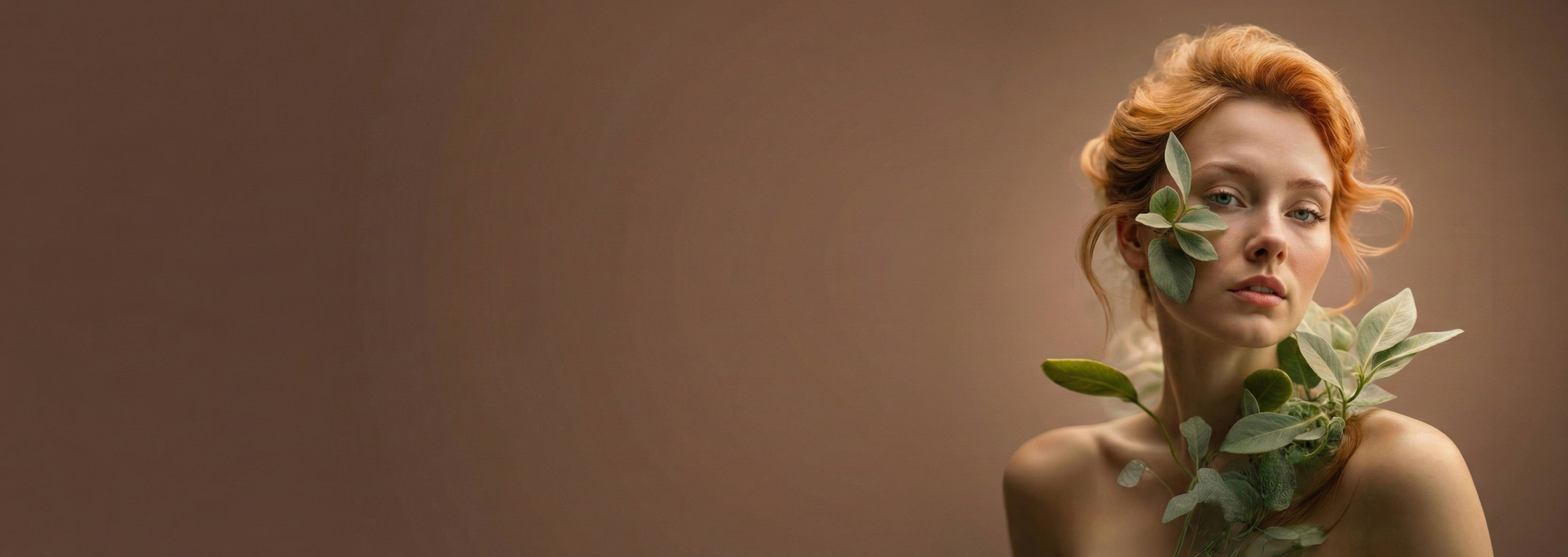Ragazza con capelli arricciati e biondi, con foglie verdi che coprono parte del viso e del busto, sfondo beige.
