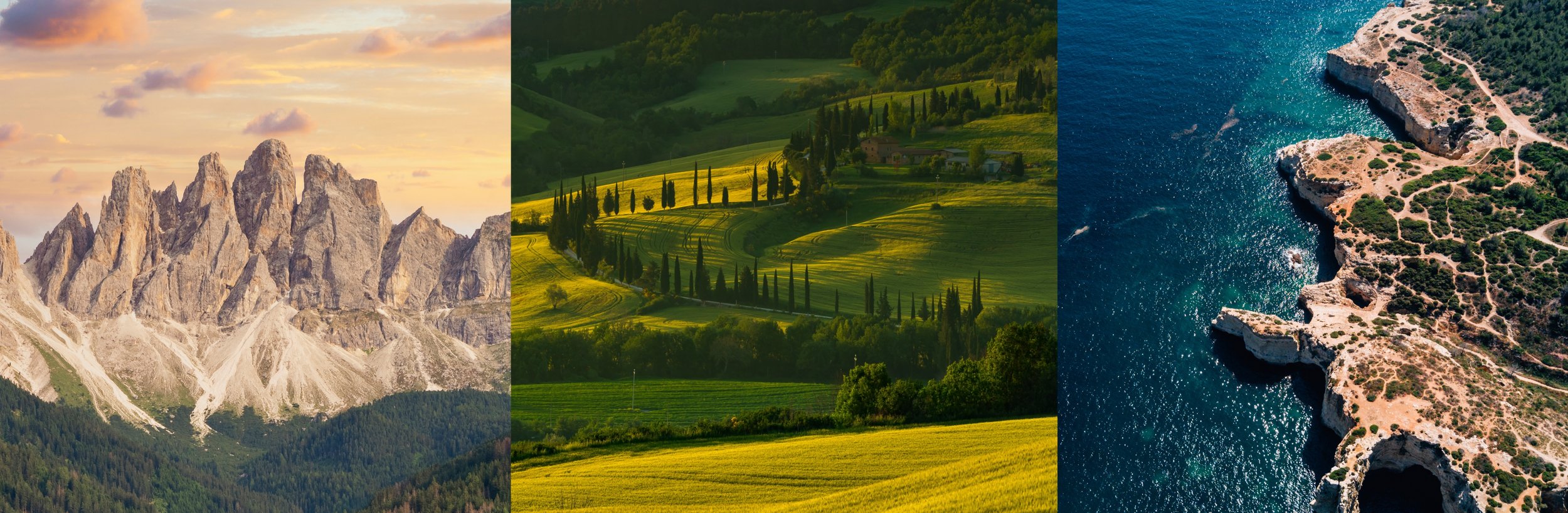 Triplo scatto di paesaggi: montagne con cielo al tramonto, colline verdi con alberi e campi coltivati, e coste rocciose con mare blu.