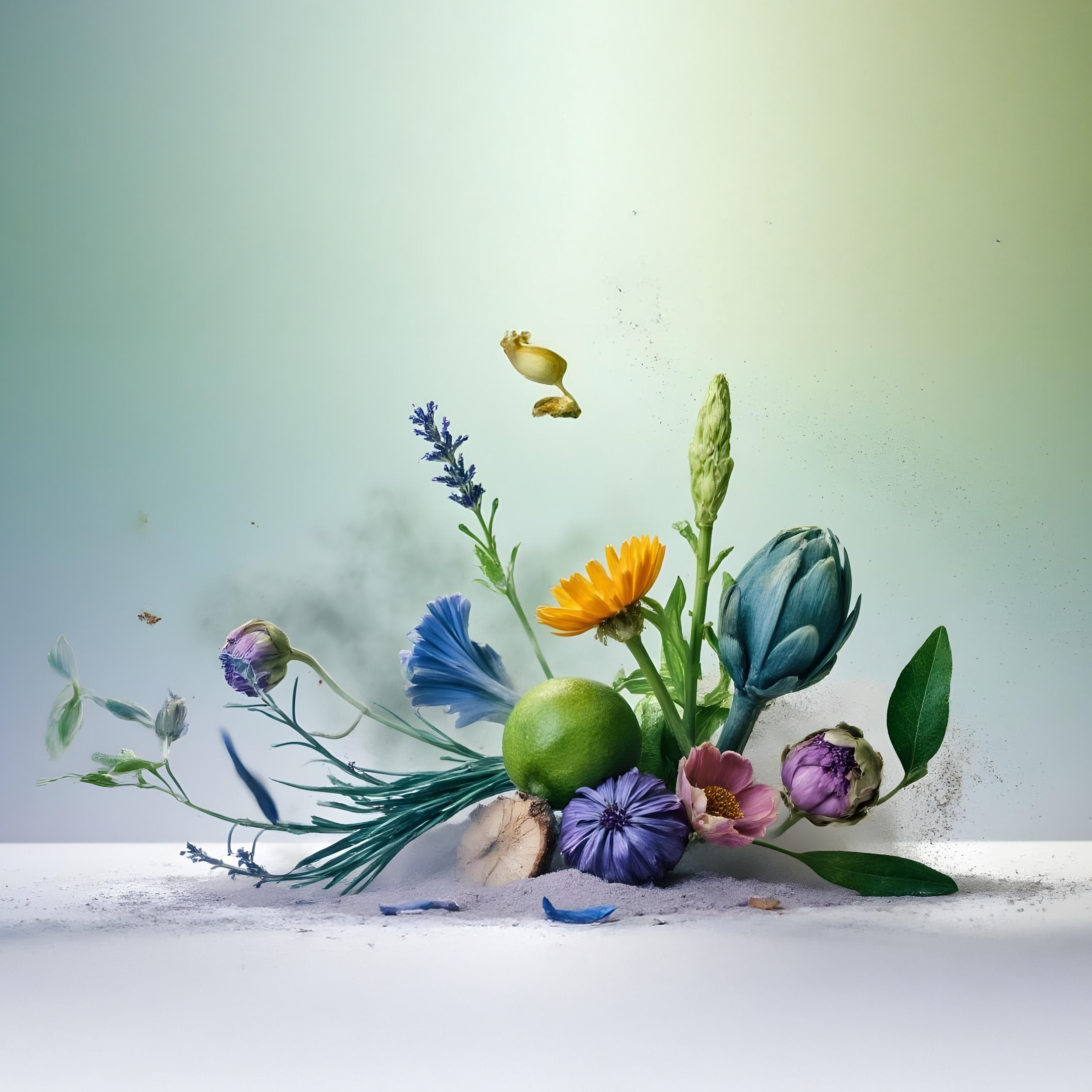 Fiori colorati e limone in equilibrio con polvere e petali in aria.