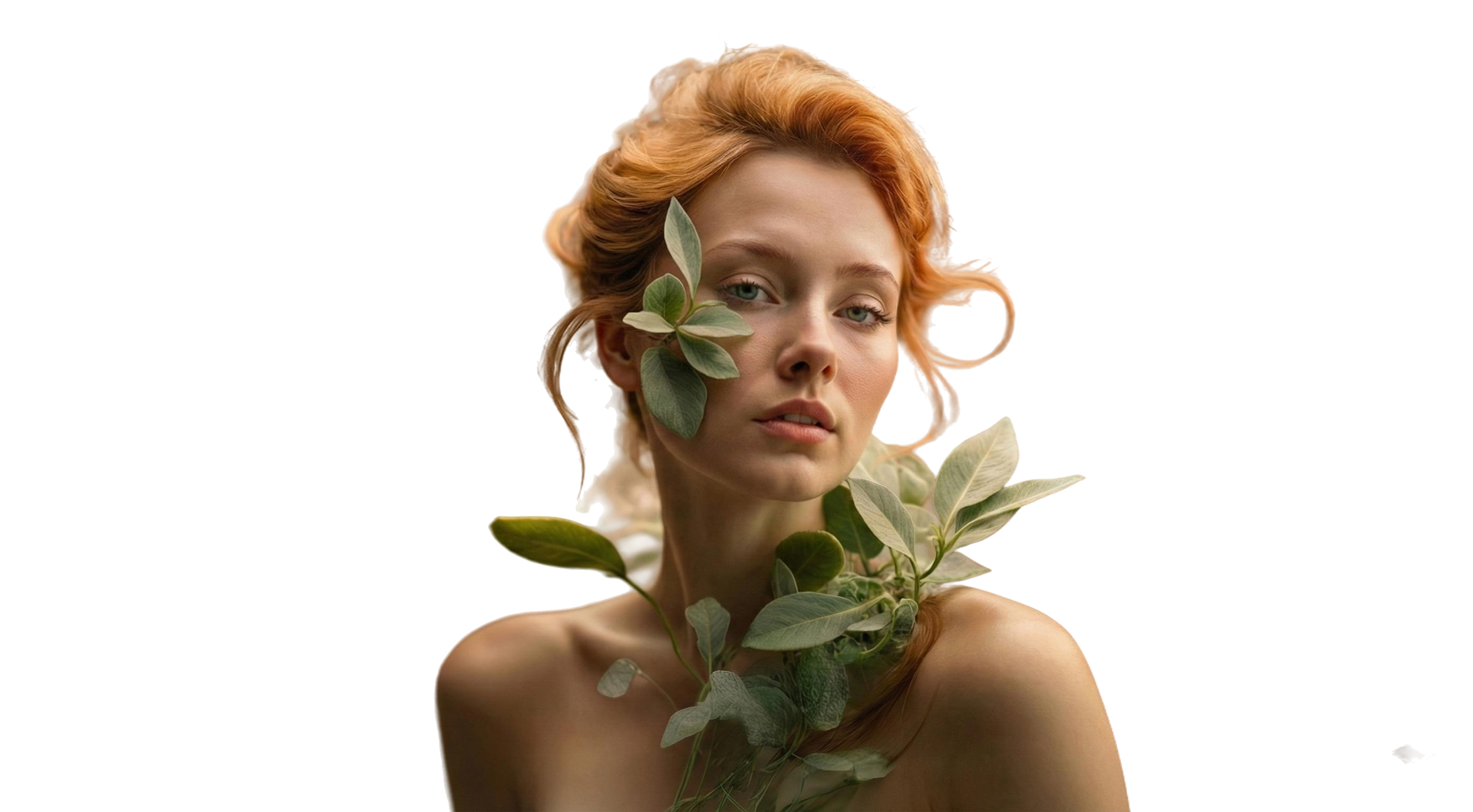 Ragazza con capelli ricci rossi e foglie verdi che coprono parzialmente il viso e il collo.