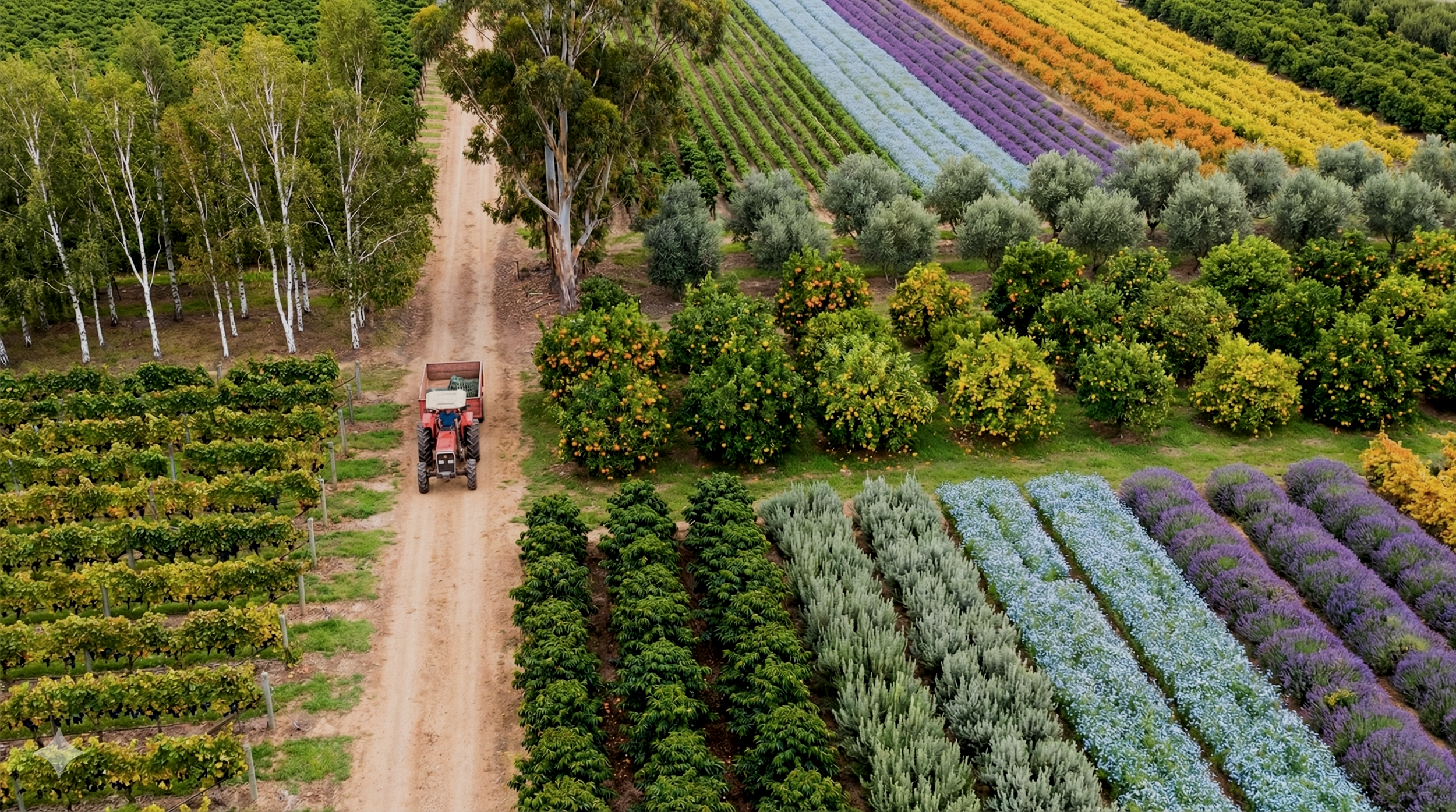 Campo coltivato con diverse colture e un trattore che percorre una strada di campagna.