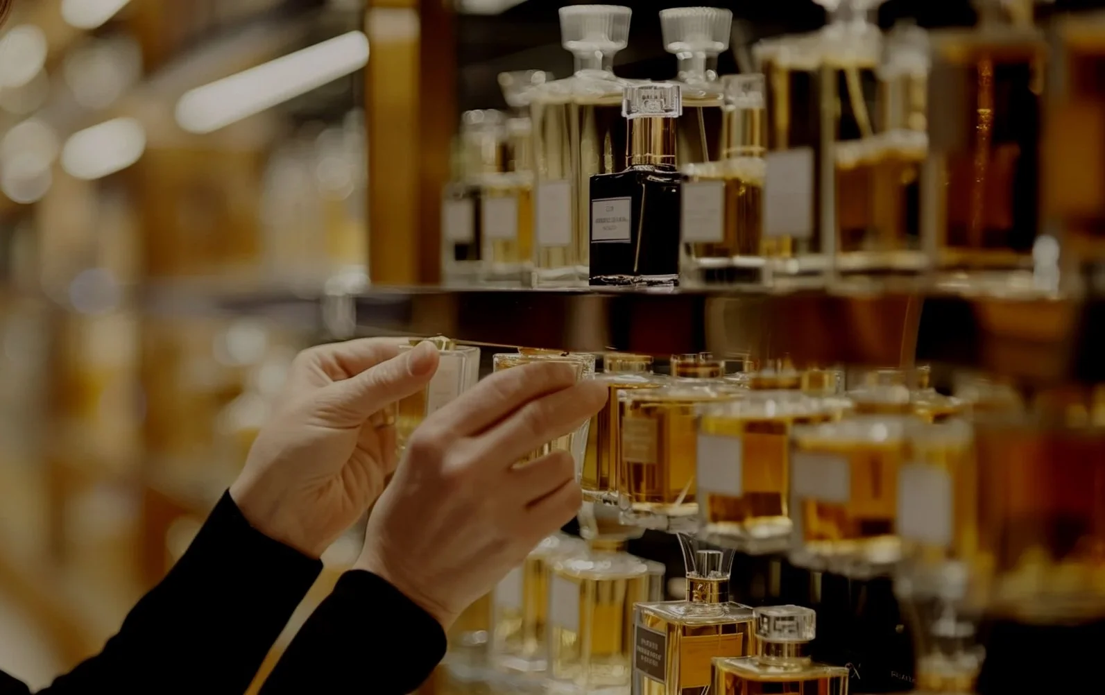 Mano che seleziona una bottiglia di profumo in profumeria