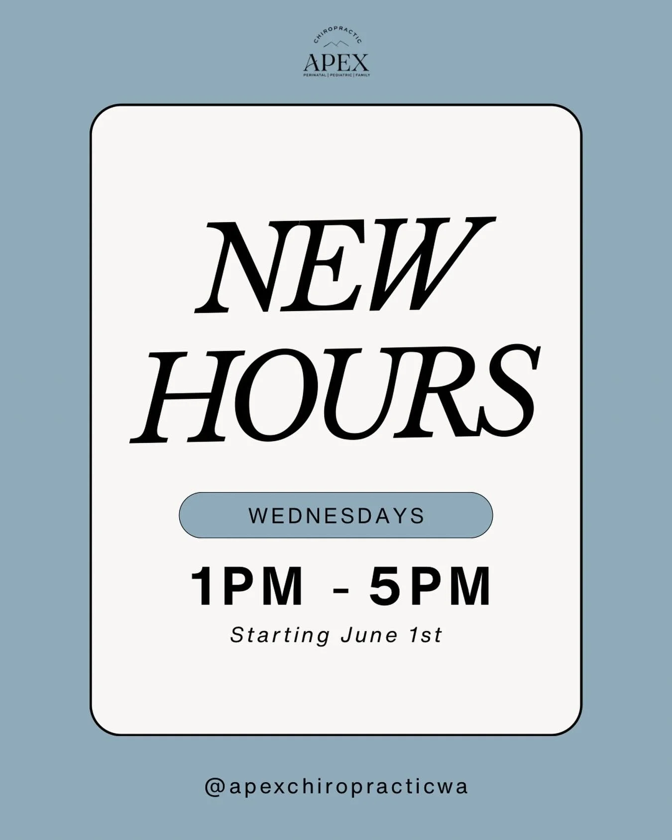 ✨ New office hours!! ✨

We are opening up more availability on Wednesdays! We will now be open from 1:00 - 5:00 PM starting Monday, June 1st. 🎉

Ready to schedule? Send us a DM or call us (425) 286-2956! 📲

#holistichealth #bothellwa #chiropractor