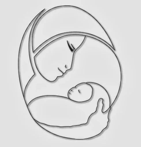 Line drawing of a woman holding a baby, with her head touching the baby's head, symbolizing maternal love.