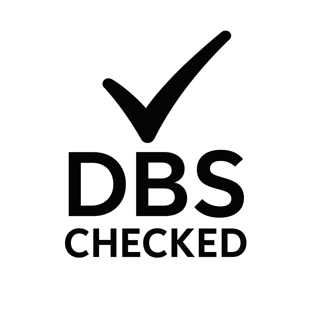 Black and white certification logo with a checkmark and the words "DBS Checked"