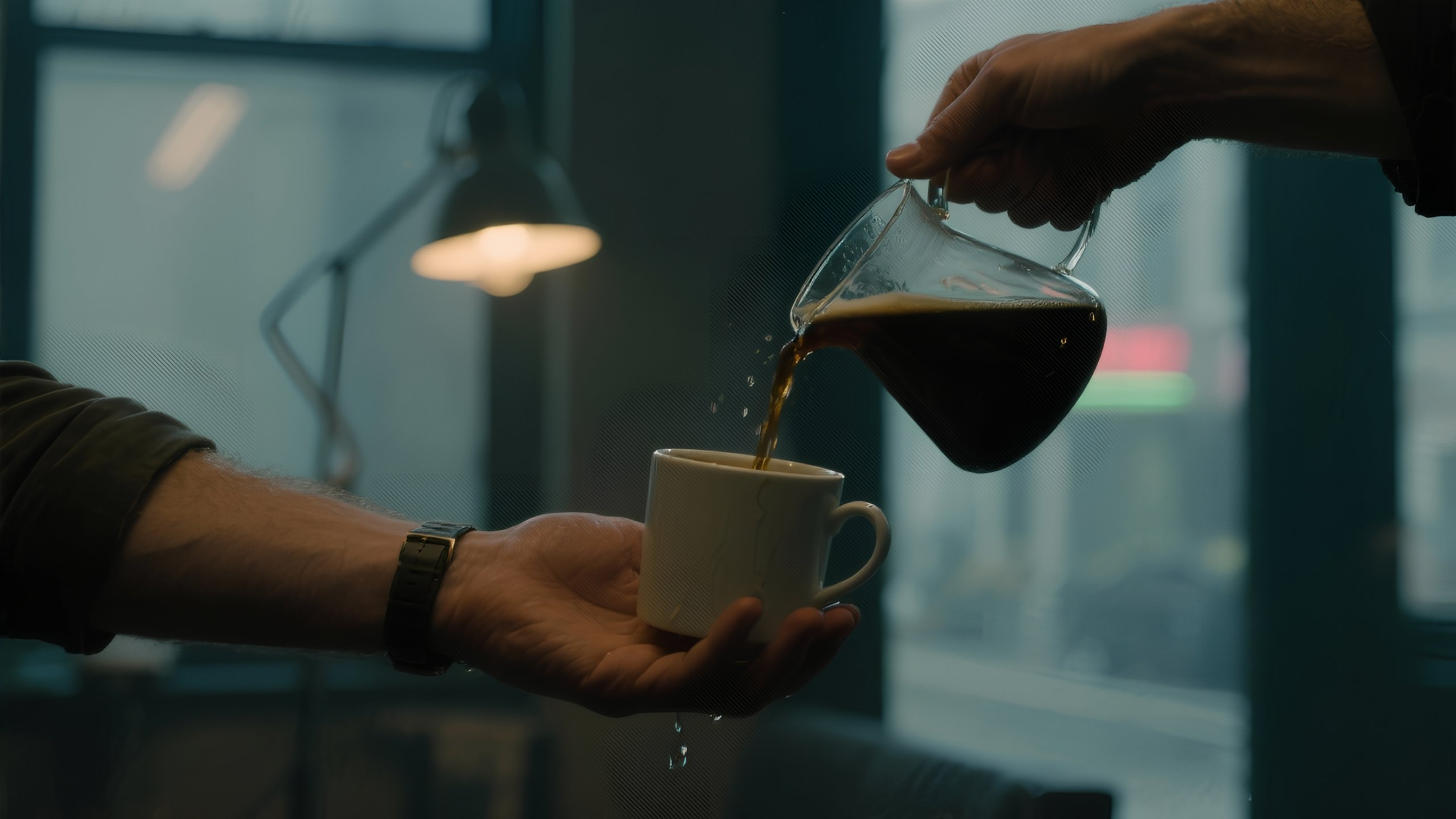 Someone is pouring coffee from a glass pot into a white mug, with another person holding the mug.