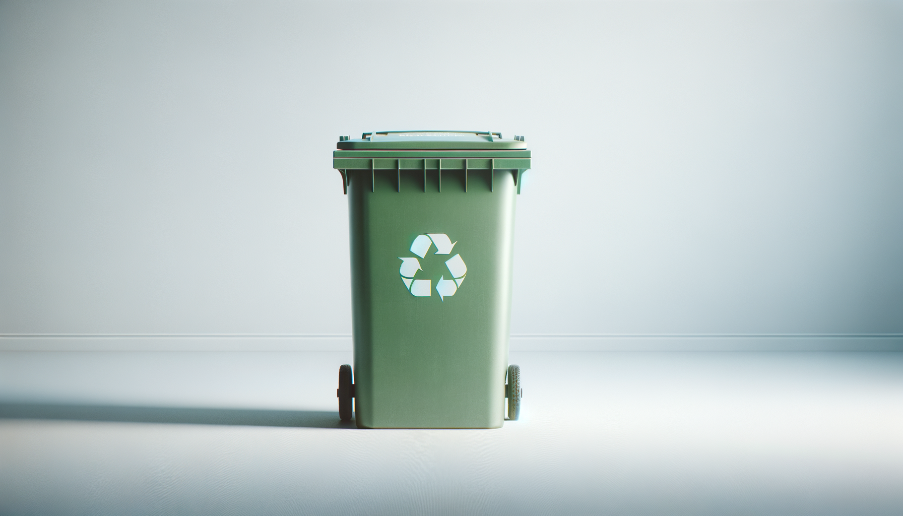 Green recycling bin with a white recycling symbol, placed on a light floor against a light wall.