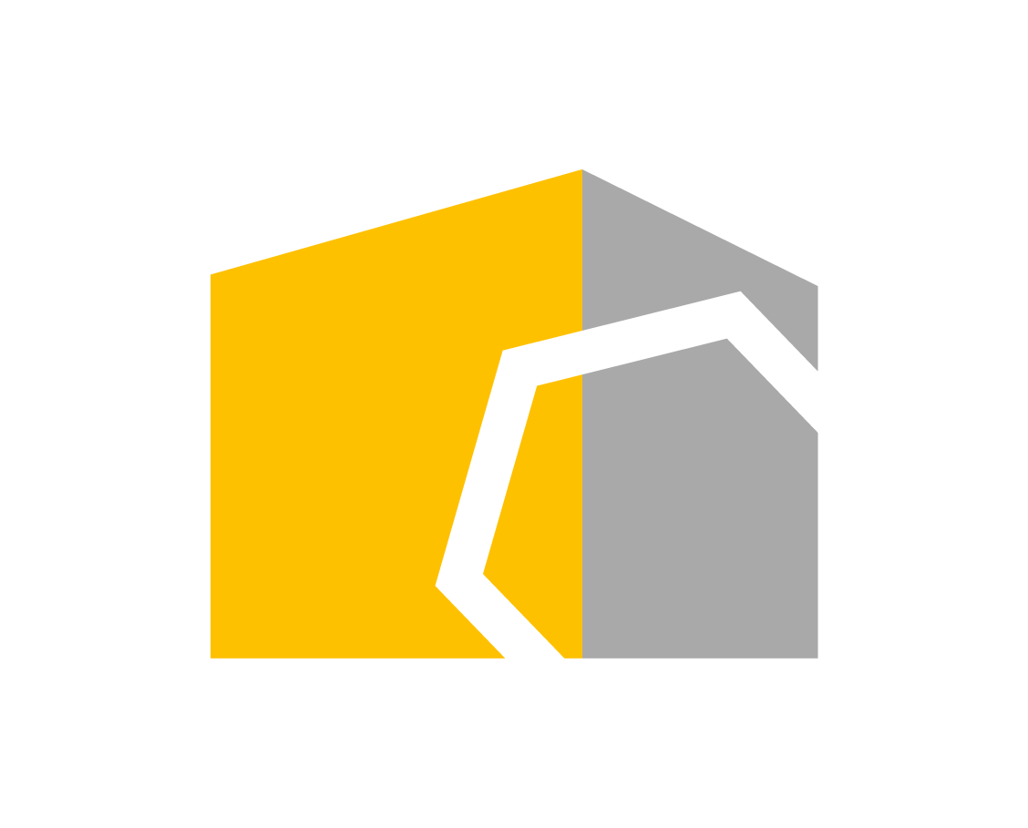 Logo with a black background, featuring a yellow and gray cube and a white hexagonal outline in the center.
