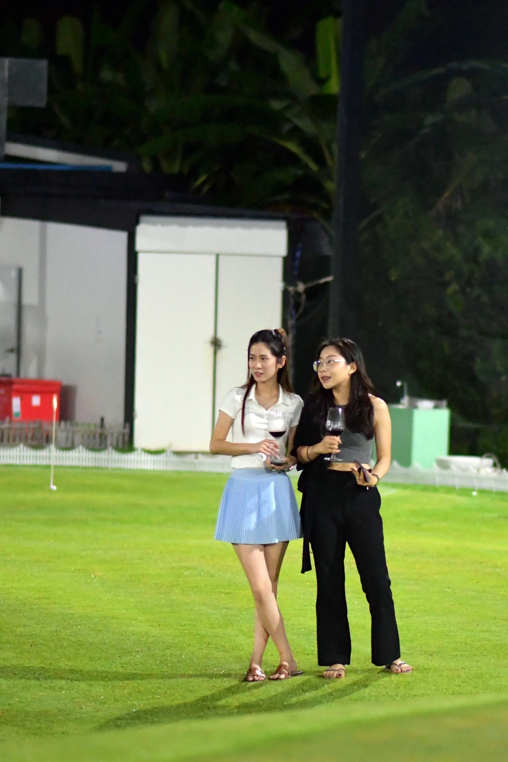 Two young women standing on a grassy lawn, holding glasses of red wine and chatting, with a building and trees in the background at night.