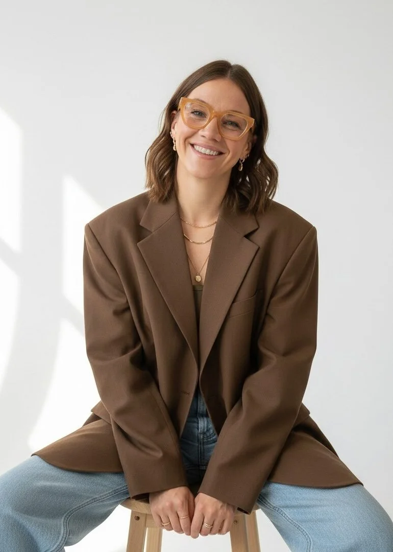 Porträt von Claudia Haberlandt, Gründerin von Strong Creative Studio, lächelnd auf einem Hocker sitzend, mit braunem Blazer, Jeans und orangefarbener Brille vor hellem Hintergrund.