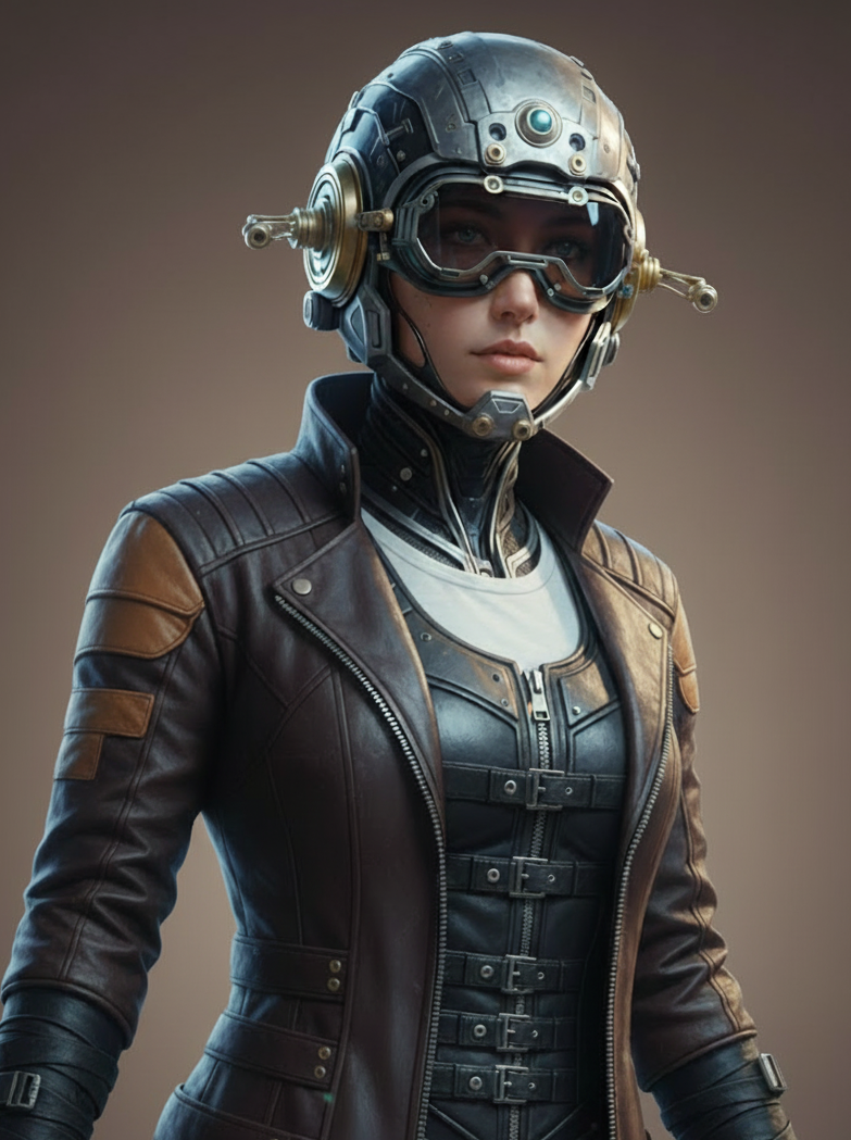 Stilisiertes Porträt einer futuristischen humanoiden Figur mit technologischem Helm, Schutzbrille und Lederjacke vor neutralem Hintergrund.