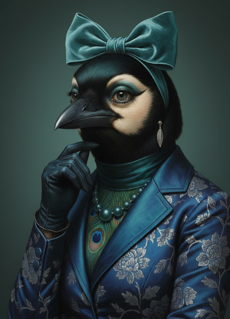 Stilisiertes Porträt einer anthropomorphen Vogel-Figur mit Schleife, Handschuhen und elegantem, gemustertem Blazer vor grünlichem Hintergrund.