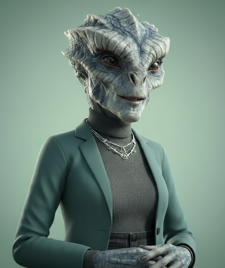 Stilisiertes Porträt einer reptilienartigen humanoiden Figur in grünem Blazer und Rollkragenpullover vor ruhigem, grünlichem Hintergrund.