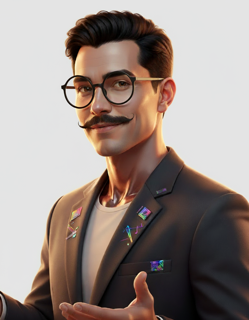 Stilisiertes Porträt eines Mannes mit Brille und gezwirbeltem Schnurrbart in modernem Blazer mit farbigen Pins, vor hellem Hintergrund.