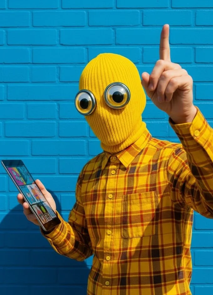 Stilisiertes Porträt einer Person mit gelber Strickmaske und Brille, die ein Smartphone hält und mit dem Finger nach oben zeigt, vor blauer Ziegelwand.