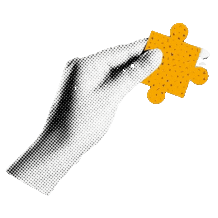Grafische Schwarzweiß-Darstellung einer Hand, die ein einzelnes orangefarbenes Puzzleteil hält, vor hellem Hintergrund.