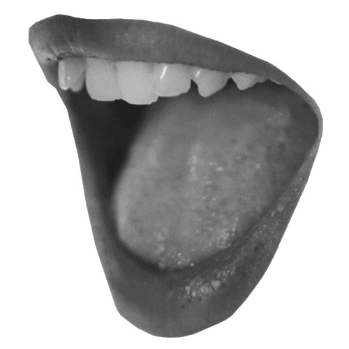 Nahaufnahme eines aufgerissenes Mundes mit sichtbarer Zunge und Zähnen auf grünem Hintergrund.