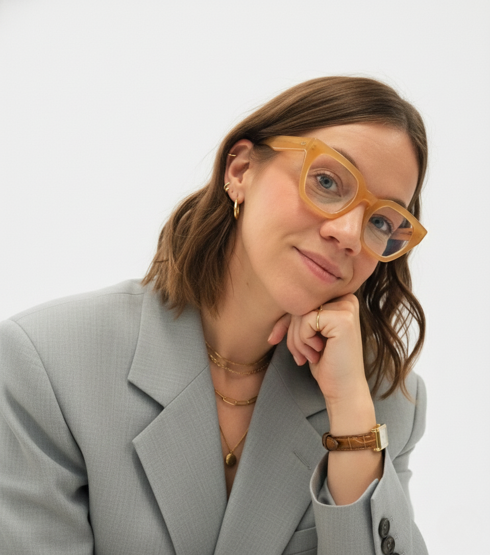 Portrait von Claudia Haberlandt, Gründerin von Strong Creative Studio, mit Brille und grauem Blazer.