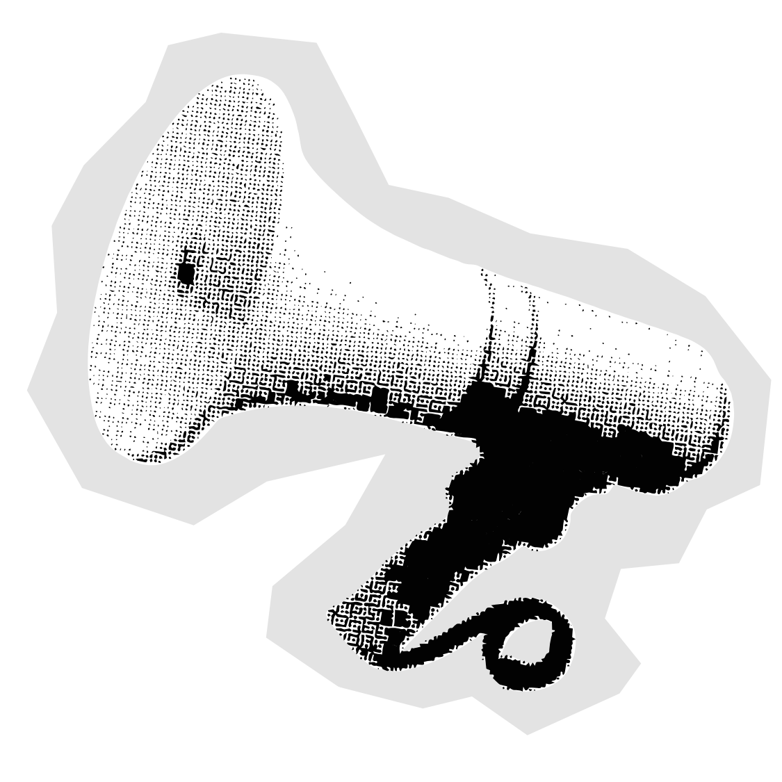 Schwarzweiße grafische Darstellung eines Megafons mit körniger Textur, freigestellt auf hellem Hintergrund.