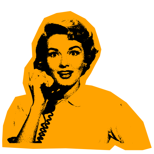 Grafische Illustration einer Frau im Retro-Stil, die einen Telefonhörer an ihr Ohr hält. Die Darstellung ist gelb eingefärbt auf schwarzem Hintergrund.