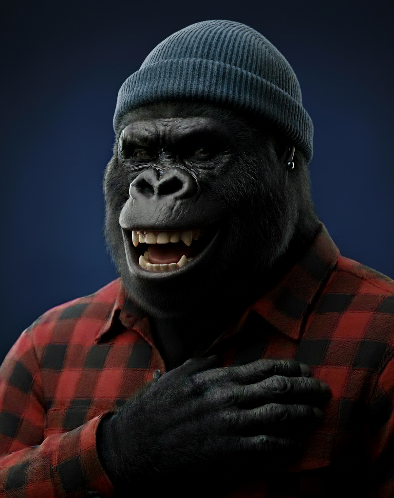 Stilisiertes Porträt eines anthropomorphen Gorillas mit Mütze und kariertem Hemd vor dunklem Hintergrund.
