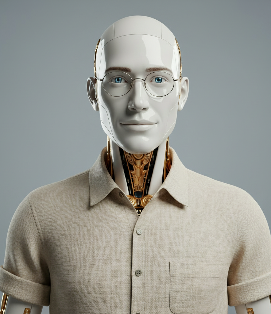 Stilisiertes Porträt eines humanoiden Roboters mit Brille, sichtbaren mechanischen Elementen im Halsbereich und neutralem Hemd vor grauem Hintergrund.