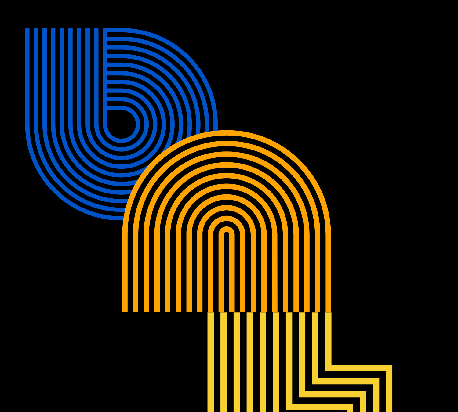 Abstrakte geometrische Formen in Form von digitalisierten Fingerabdrücken in Blau, Orange und Gelb auf schwarzem Hintergrund.