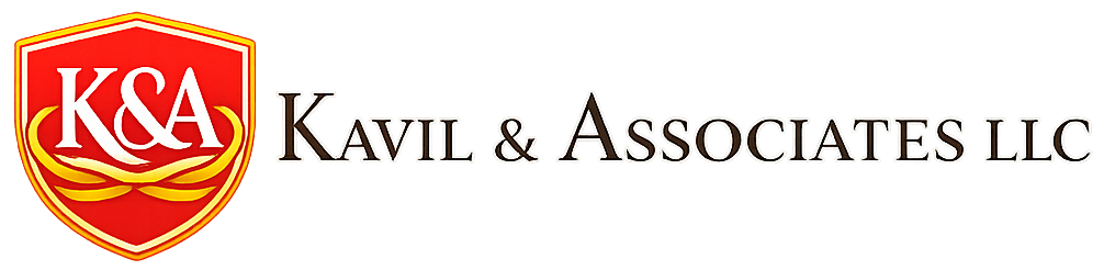 Kavil & Associates LLC logo with a red shield and gold ribbon, and black and white text.