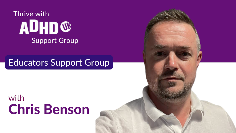A man taking a selfie against a purple background with text promoting an ADHD support group for educators led by Chris Benson.