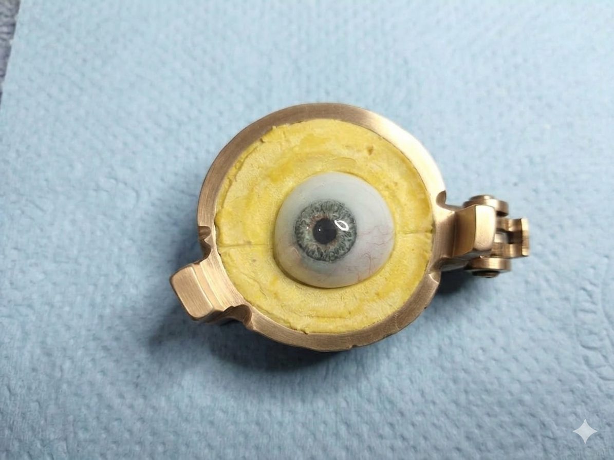 Mecanismo de reloj con un ojo artificial en el centro, sobre un fondo azul claro.