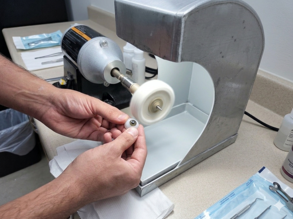persona usando una máquina de reparación de prótesis oculares para ajustar un ojo artificial.