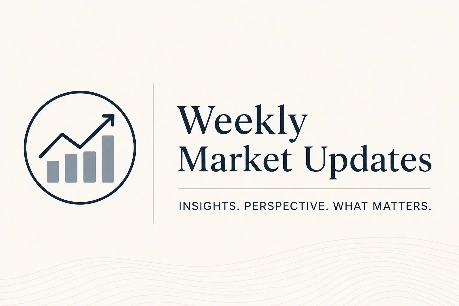 Title slide for Weekly Market Updates report with a rising bar chart icon and subtitle 'Insights. Perspective. What Matters.'