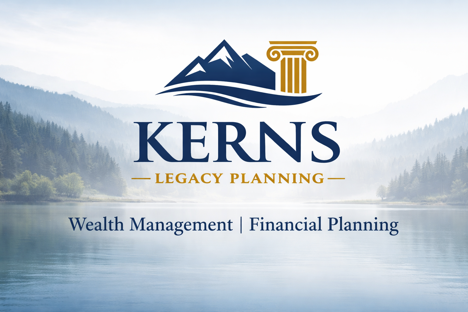 Logo for Kerns Legacy Planning with mountains, water, and a column in the design, and text for wealth management and financial planning.
