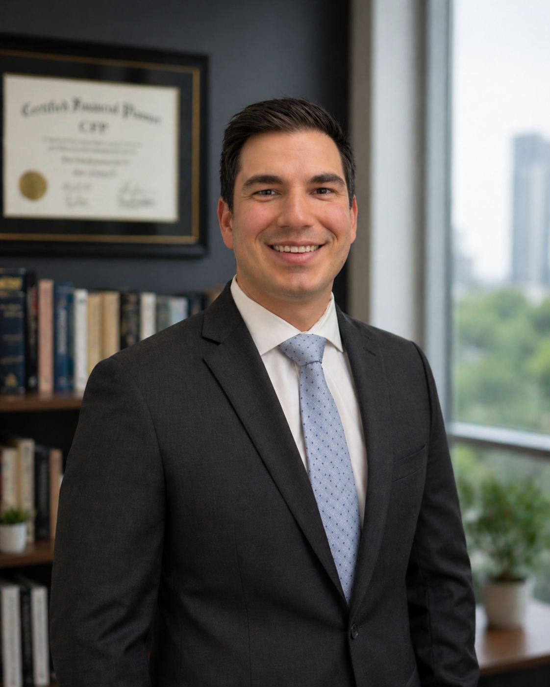 A smiling man in a suit with a blue tie, standing in an office with a diploma on the wall and a window with a city view.
