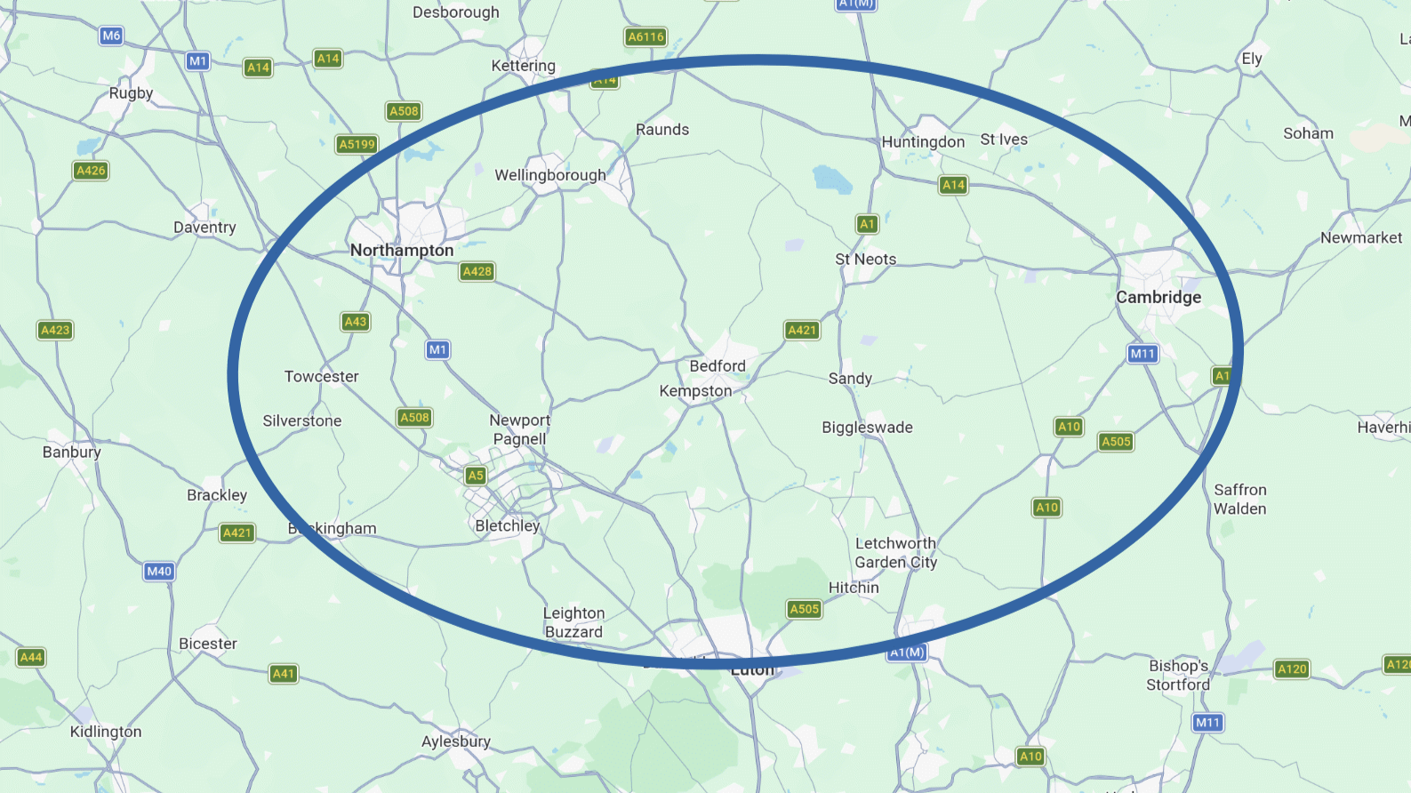 Map of our service coverage area surrounding Bedfordshire