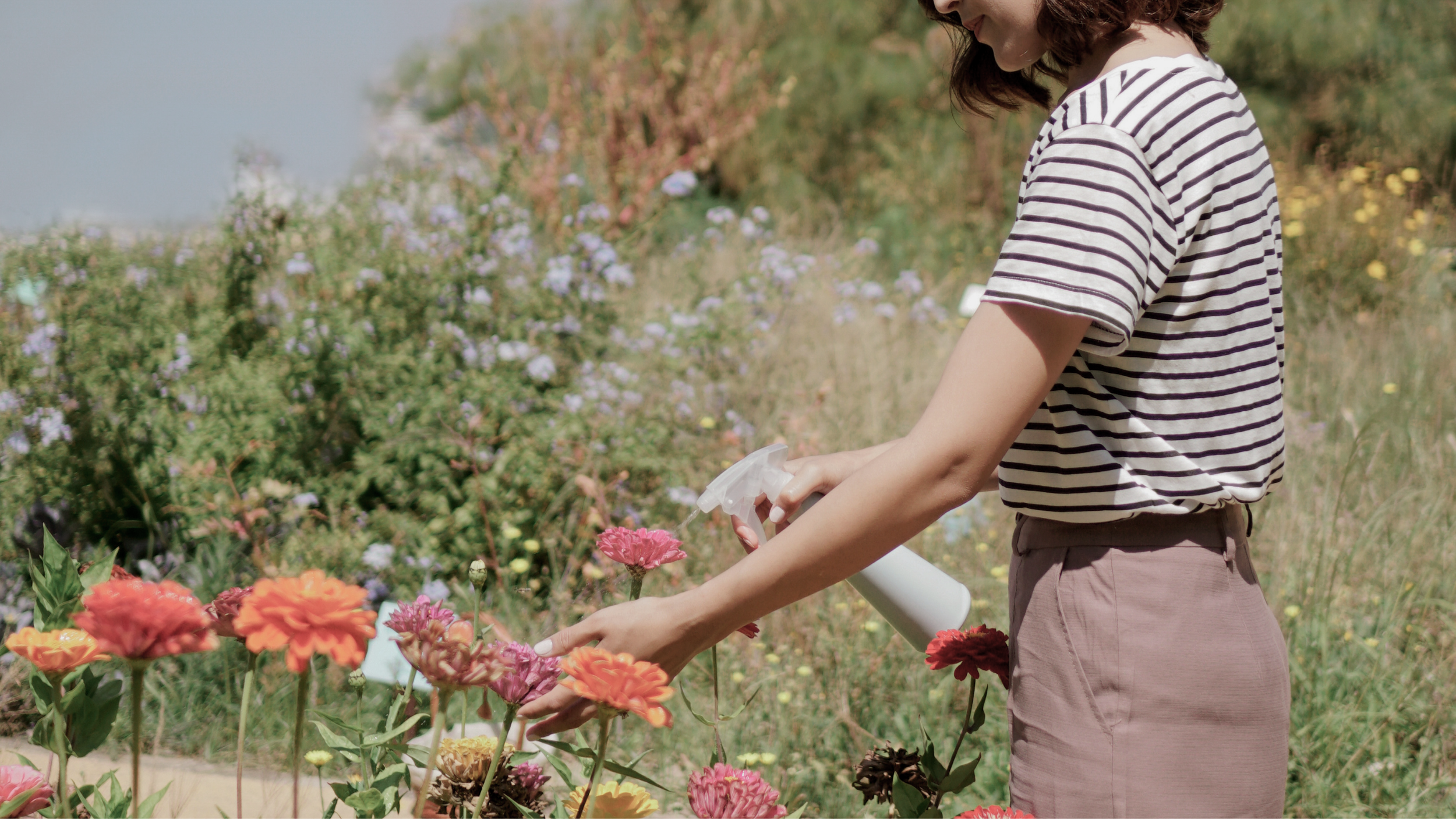Woman in stripe top spraying water in flowers