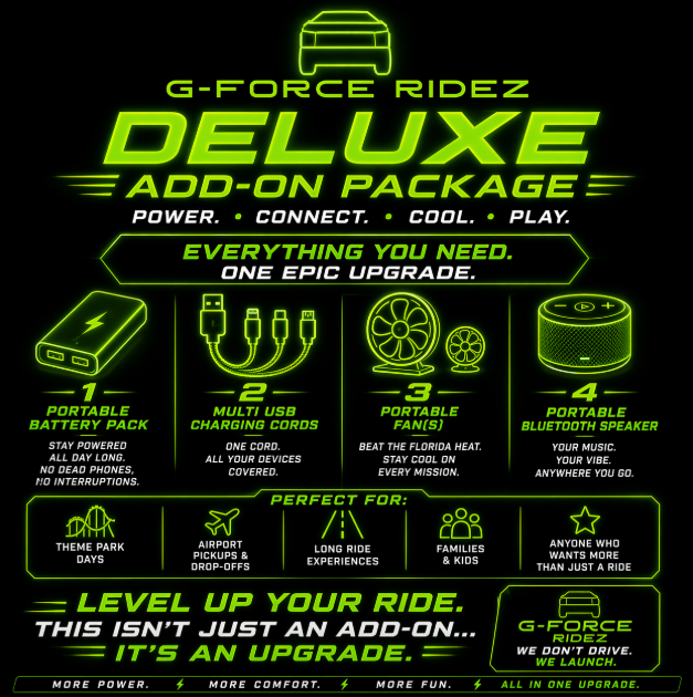 For only $30, this Stroller Rental Deluxe essentials package includes a portable charger, multiple USB connectors, portable fan(s), portable speaker. ONLY available with stroller rentals.