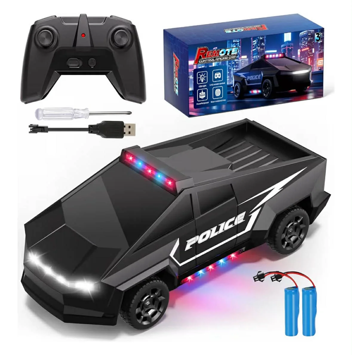 ($40) Remote Control Police Cybertruck w/2 batteries- (Perfect as a birthday gift or for your little ones to distract themselves on your vacation. We present it during the G-Force Ridez Lightshow).